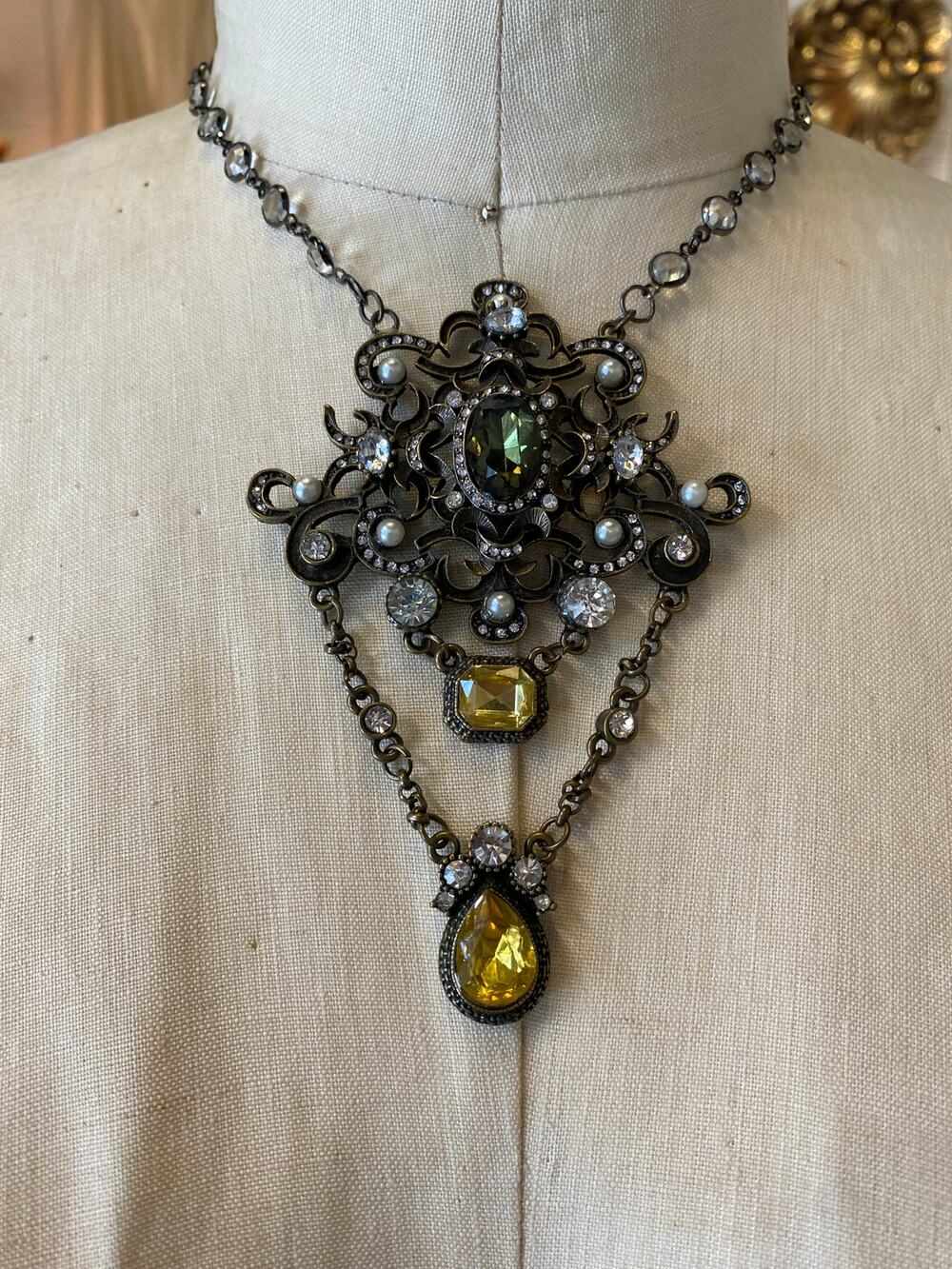 vintage y2k statement necklace, victorian style, bronze filigree, rhinestone nye